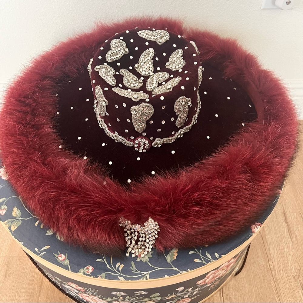 Luxury Vtg Kokin‎ Red Real Fur Rhinestone Wide Brim Formal Church Hat, Party